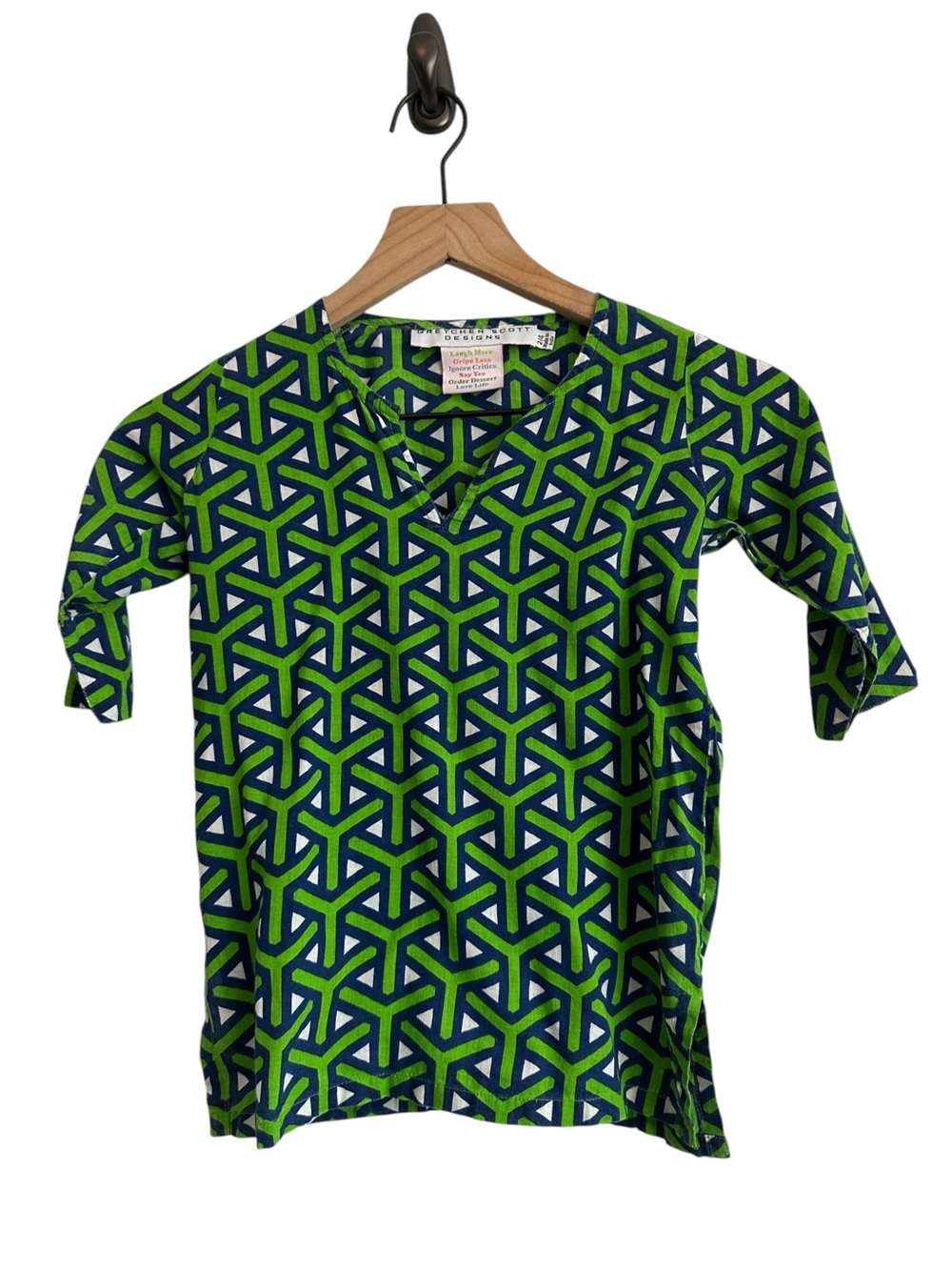 Gretchen Scott Girls Dress 2 - 4 Green Blue Geometric Design Tunic 100% Cotton
